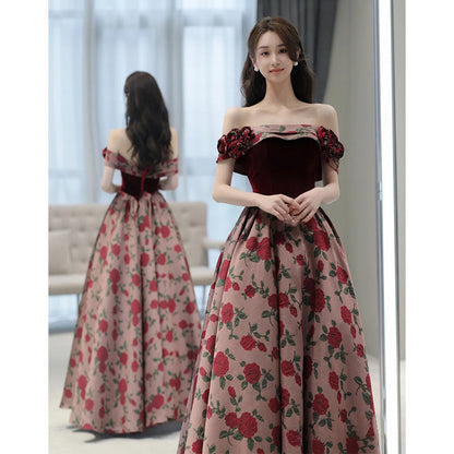 Vintage Rose Pattern Off-Shoulder Velvet Evening Gown - Harmony Gallery
