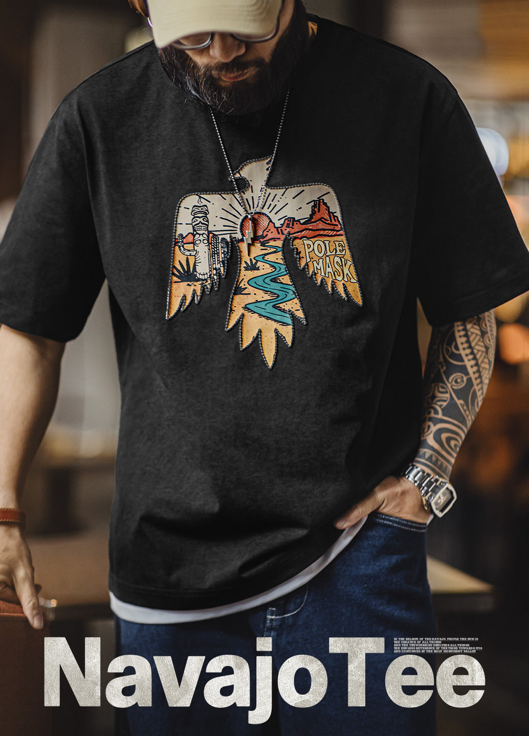 American Retro Thunderbird Cotton Heavy Ethnic Embroidery Print Men's T-Shirt - Harmony Gallery