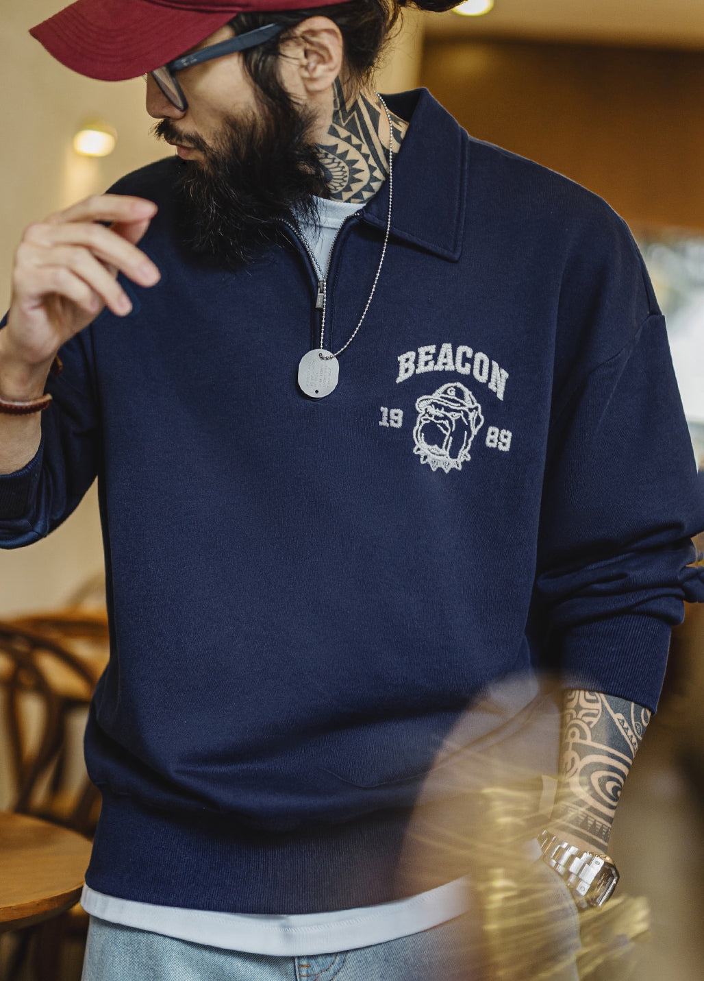 American Retro Three-Dimensional Embroidery Half-Zip Pullover Polo Men's Sweater - Harmony Gallery