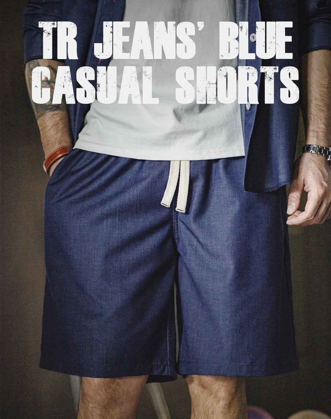 American Retro Tencel Denim Elastic Waist Drawstring Men's Shorts - Harmony Gallery