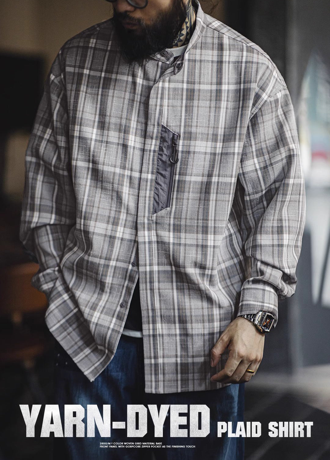 American Retro Workwear Gray Grid Yarn-Dyed Blended Men's Shirt - Harmony Gallery