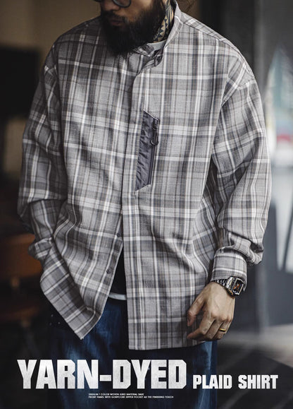 American Retro Workwear Gray Grid Yarn-Dyed Blended Men's Shirt - Harmony Gallery