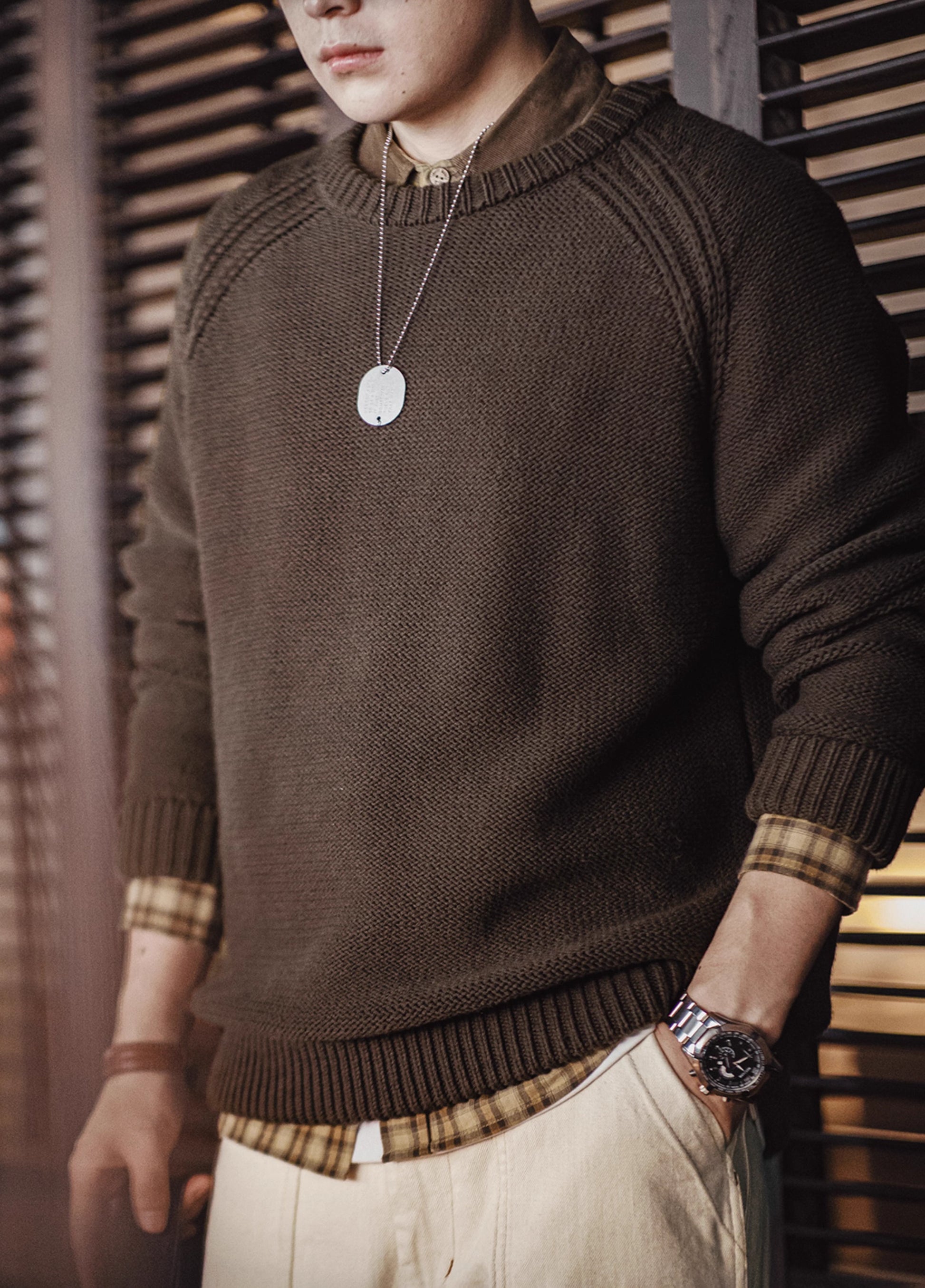 American Retro Heavy Woven Textured Raglan Sleeve Warm Men's Sweater - Harmony Gallery