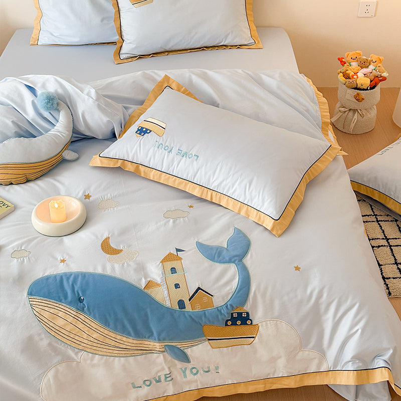 Cute Cartoon Whale For Boy And Girl  Pure Cotton Four-Piece Bed Set - Harmony Gallery