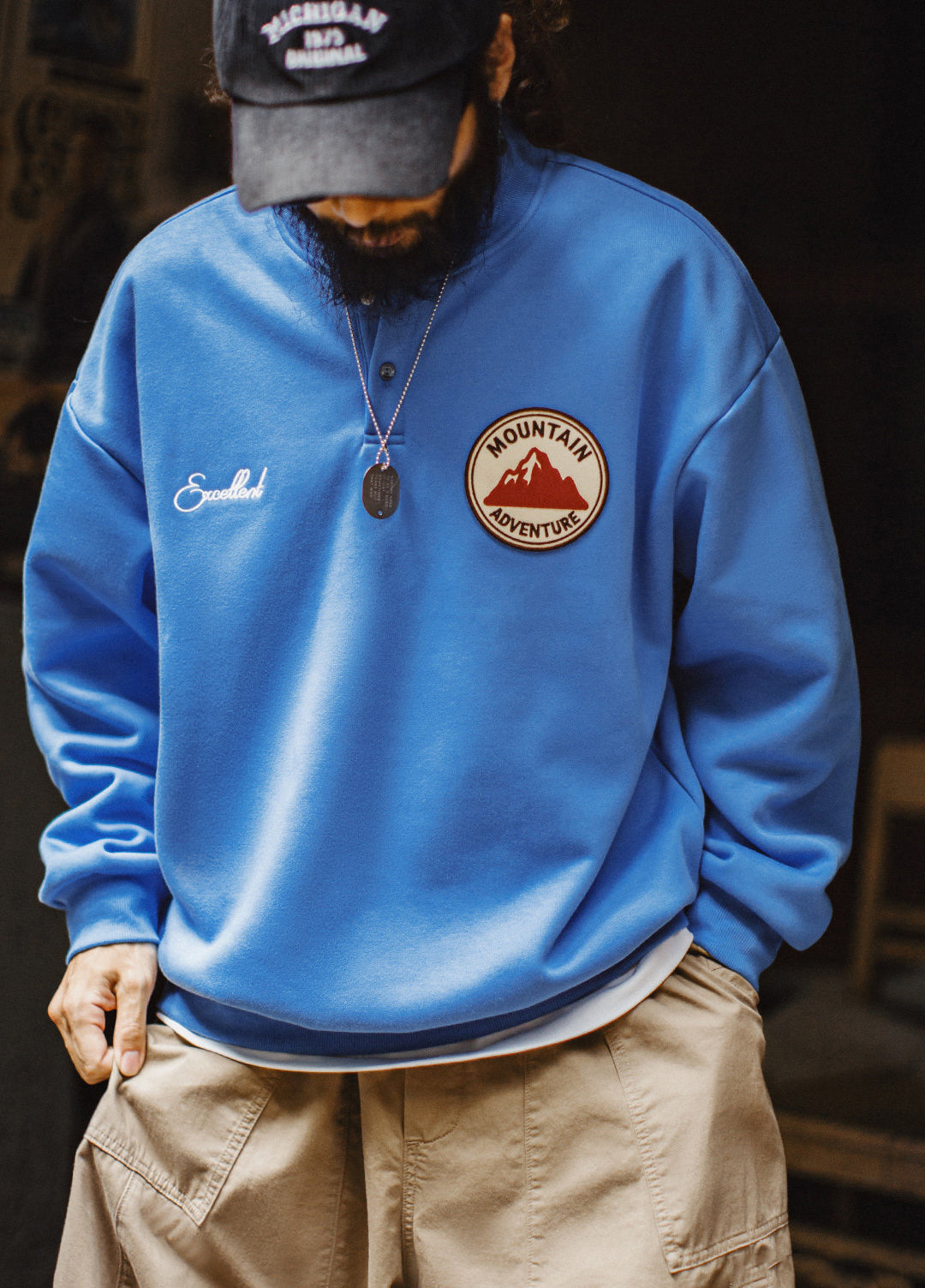 American Henley Collar Fleece-Lined Knitted Patch Embroidered Men's Sweater - Harmony Gallery