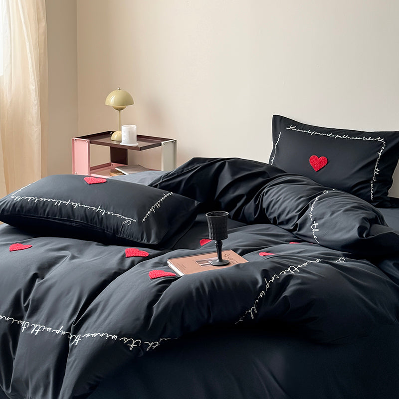 Light Luxury High-End Black Love Four-Piece Pure Cotton Bed Set - Harmony Gallery
