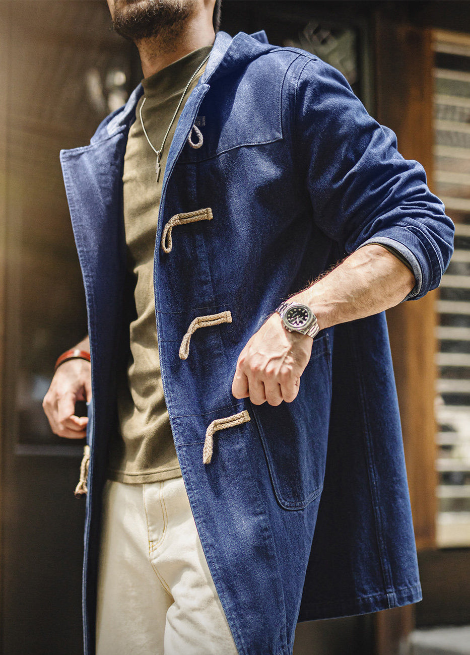American Horn Button Hooded Windbreaker Mid-Length Denim Men's Coat