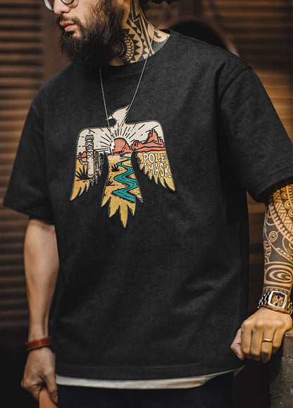American Retro Thunderbird Cotton Heavy Ethnic Embroidery Print Men's T-Shirt - Harmony Gallery