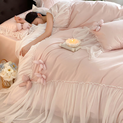 French Girly Lace-Trimmed Bow Princess Four-Piece Cotton Long-Staple Bed Set - Harmony Gallery