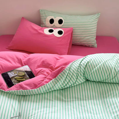 Big Eyes Contrasting Color Washed Four-Piece Pure Cotton Bed Set - Harmony Gallery
