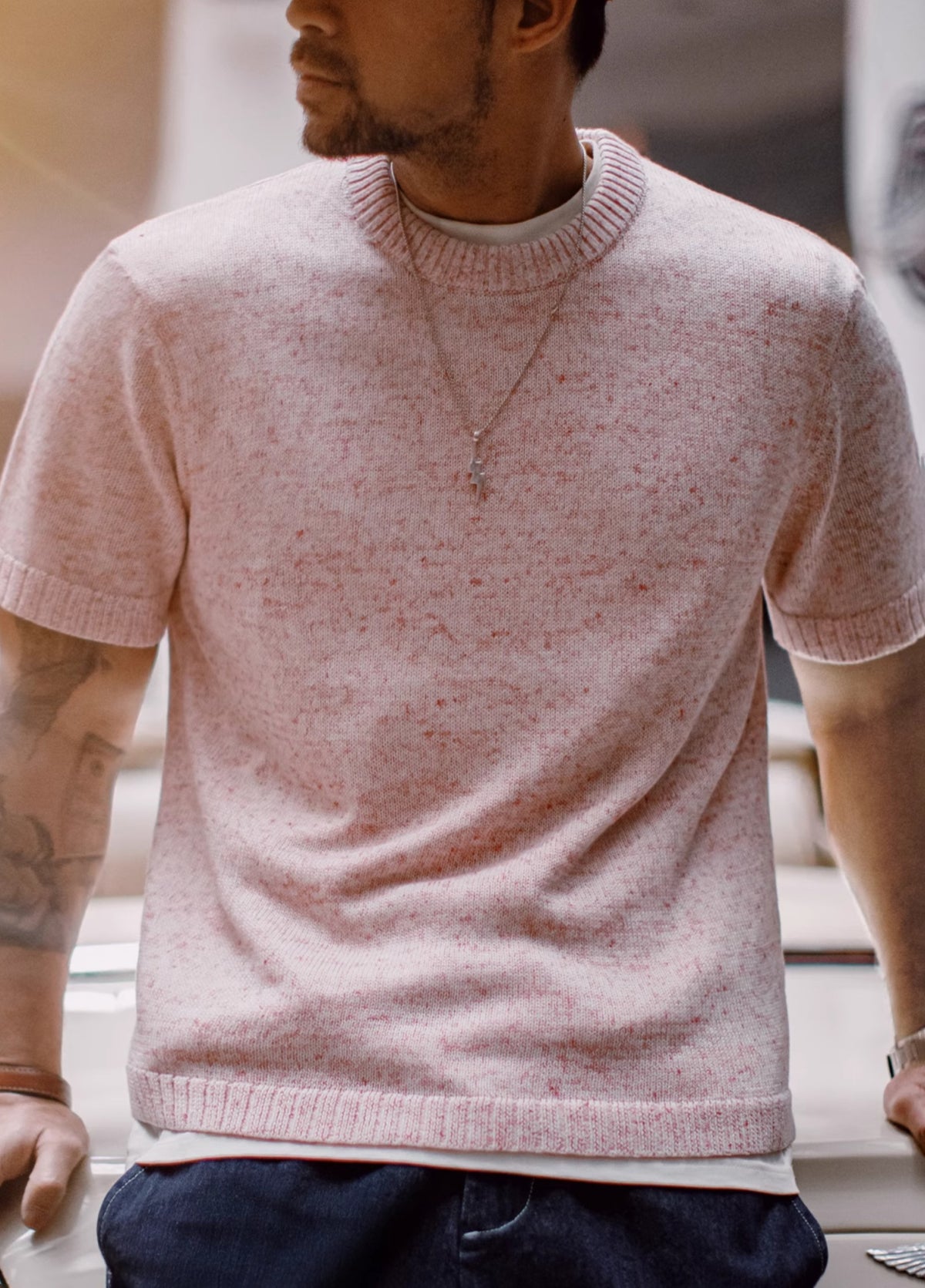 American Mottled Pink Knitted Drape Breathable Thin Threaded Neckline Men's T-Shirt - Harmony Gallery