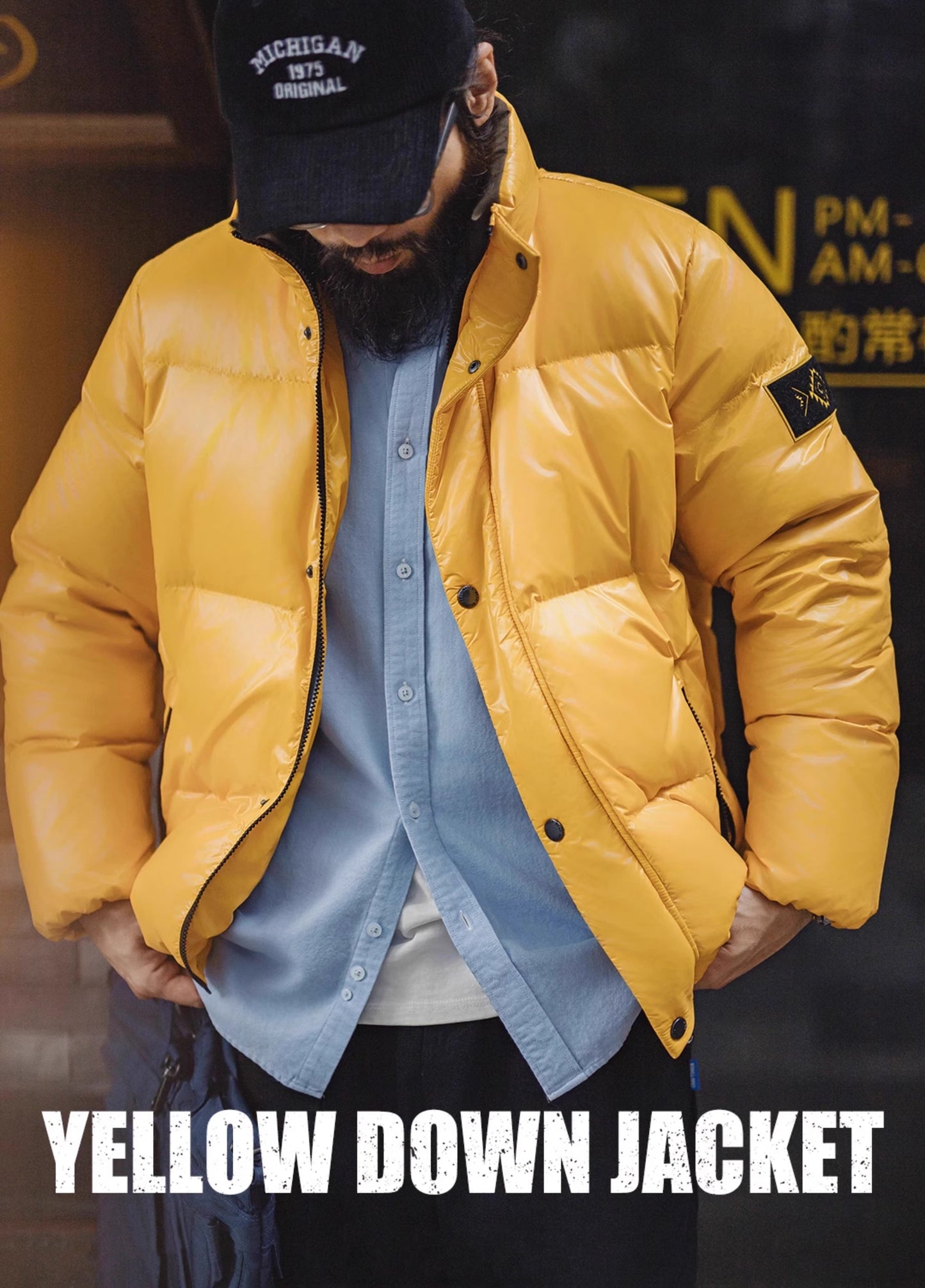 American Retro 90 White Duck Down Yellow Warm Stand Collar Men's Jacket - Harmony Gallery