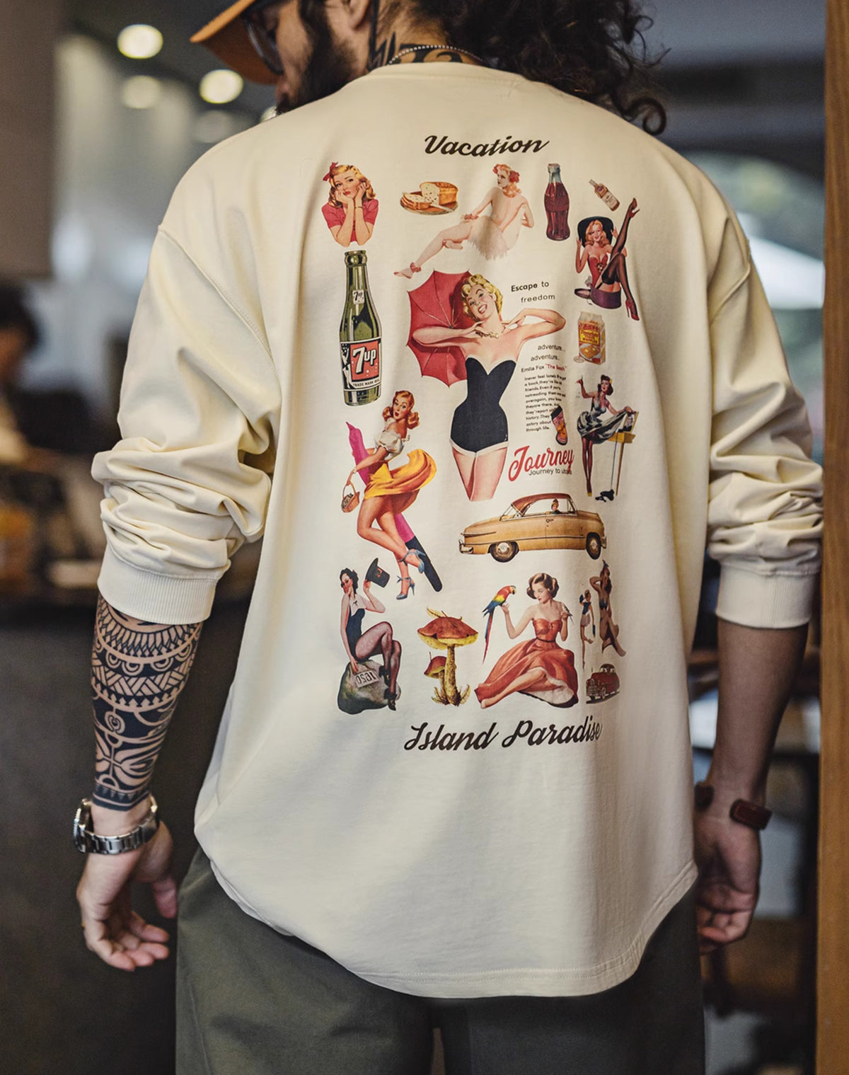 American Retro Printed Loose Casual Pure Cotton Oversized Men's Sweater - Harmony Gallery