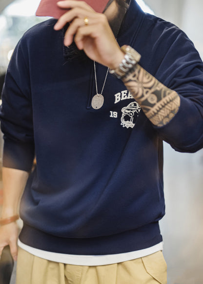 American Retro Three-Dimensional Embroidery Half-Zip Pullover Polo Men's Sweater - Harmony Gallery