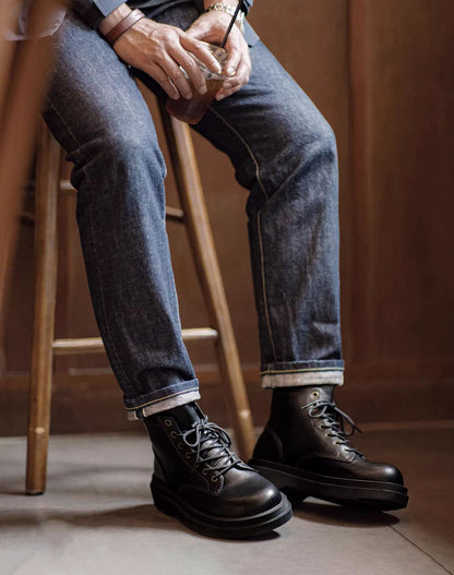 American Retro Work Black Mid-Top Thick-Soled Brogue Men's Boot - Harmony Gallery