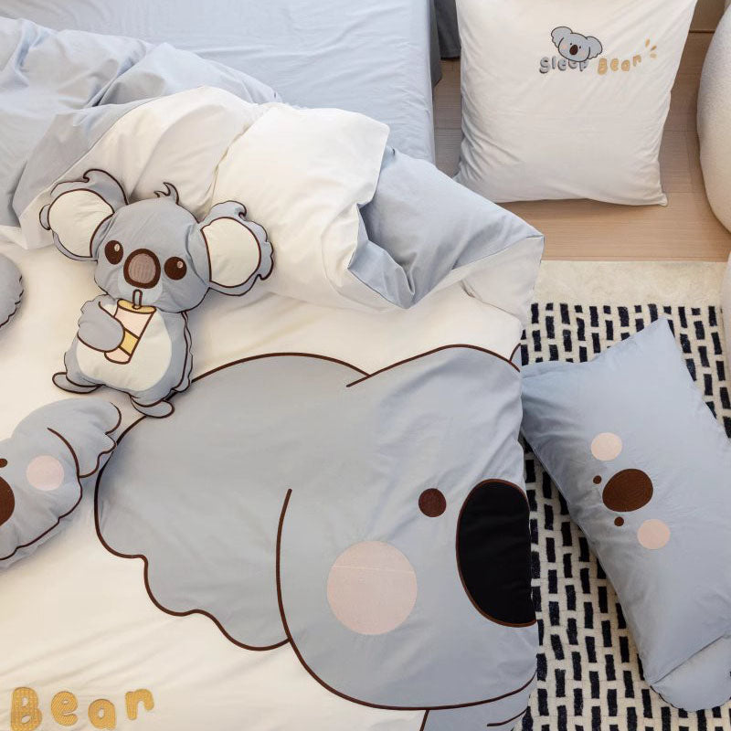 Cute Little Koala Cartoon Washed Four-Piece Pure Cotton Bed Set - Harmony Gallery