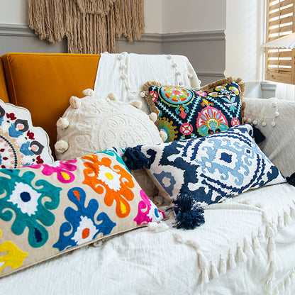 Vibrant Boho Fiesta Colorful Pom-Pom Embroidered Decorative Throw Pillows - Harmony Gallery