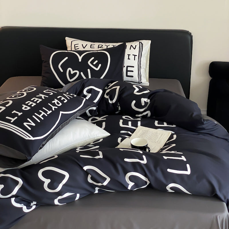 Black Love Pure Cotton Four-Piece Black And White Bed Set - Harmony Gallery