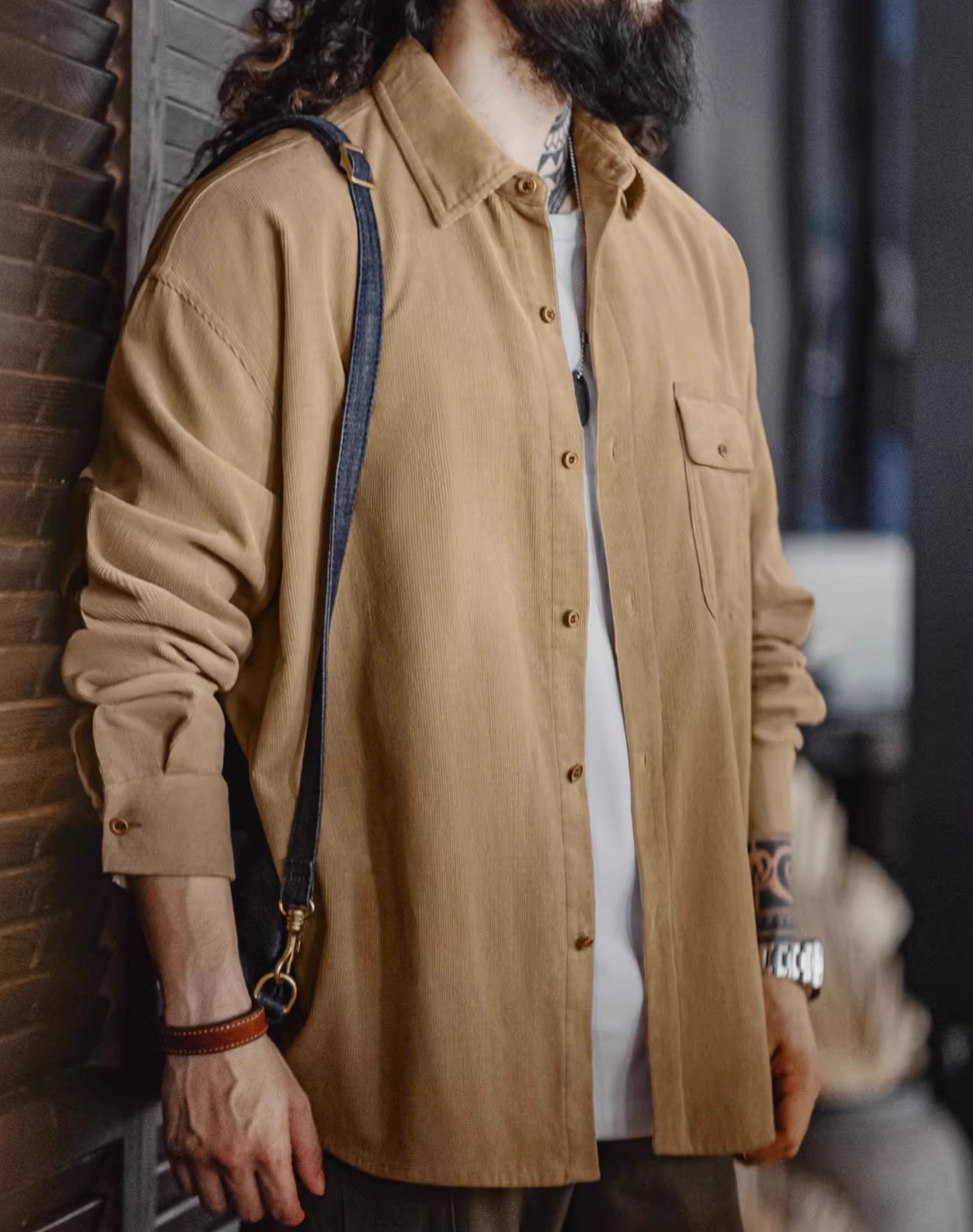 American Retro Workwear Corduroy Stitching Pure Cotton Men's Shirt - Harmony Gallery