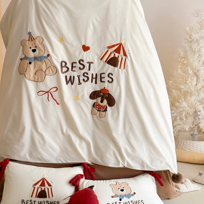 Cartoon Circus Bear Embroidery Pure Cotton Long Staple Four-Piece Bed Set - Harmony Gallery