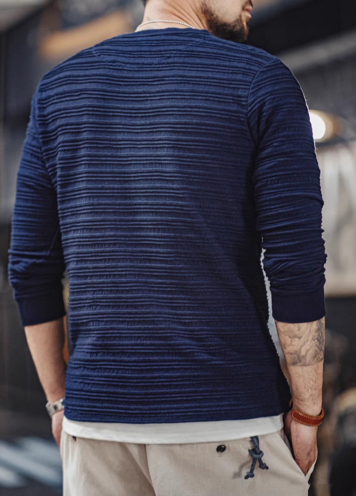 American Retro Jacquard Knitted Denim Henry Shirt Vintage Men's Sweater - Harmony Gallery