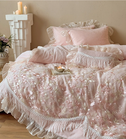 French Romantic Heavy-Duty Four-Piece Warm Double-Sided Coral Fleece Bed Set - Harmony Gallery