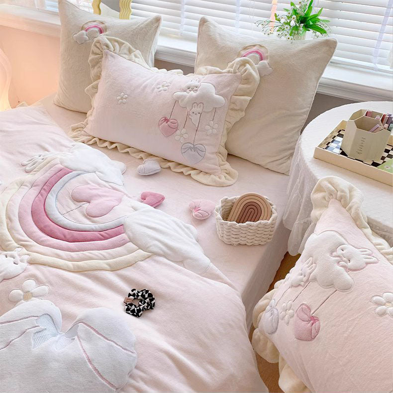 Princess Rainbow Heart Cartoon Cute Coral Velvet Four-Piece Bed Set - Harmony Gallery