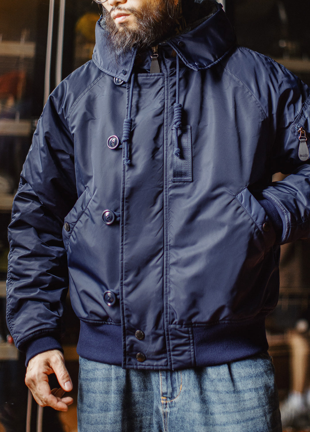 American Retro N2A Fur Collar Parka Blue Mountain Eagle Cotton Men's Jacket - Harmony Gallery
