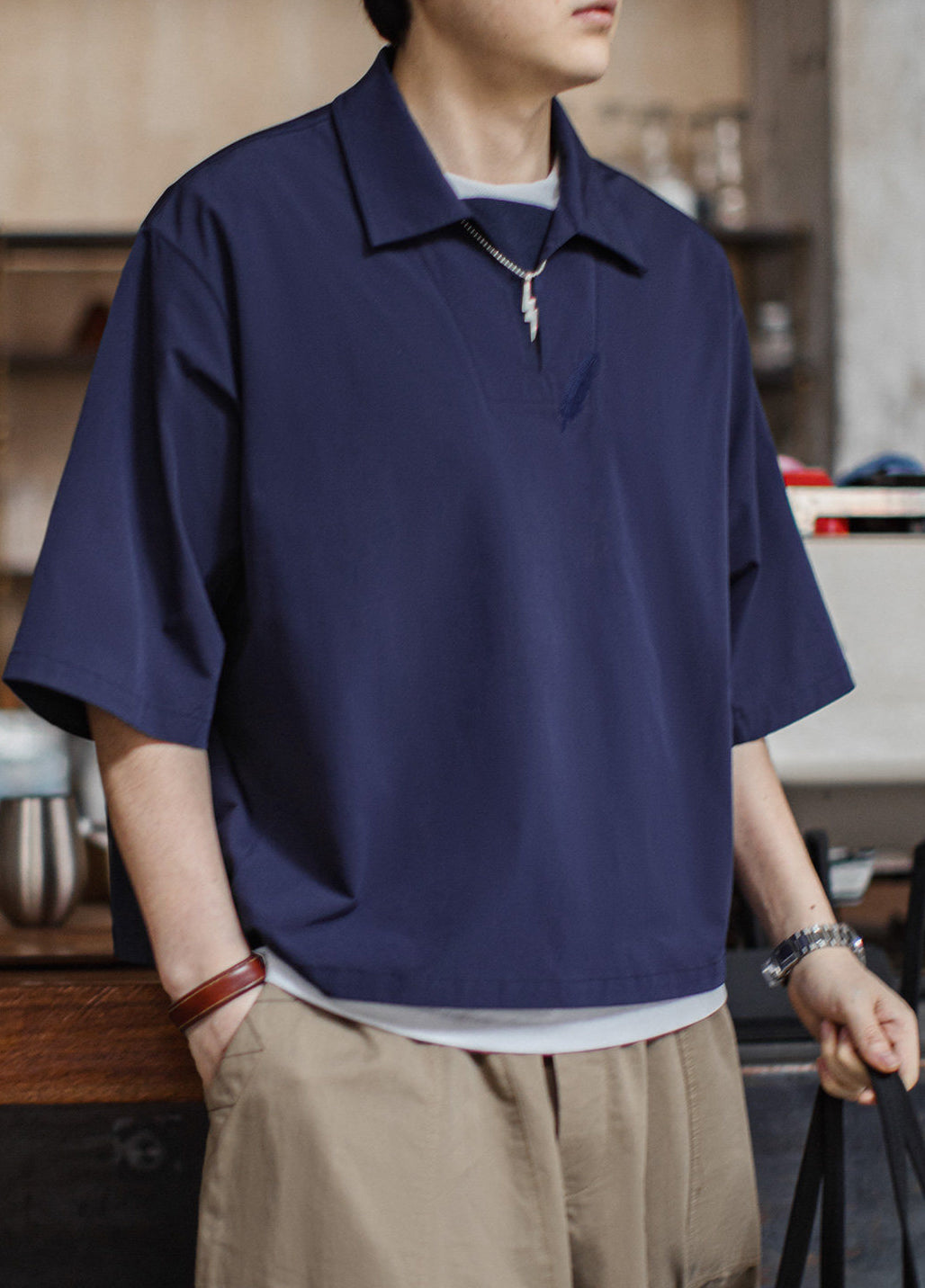American Retro Polo Lapel Loose Fit Feather Embroidery Thin Men's T-Shirt