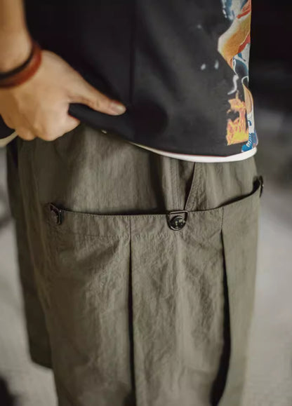 American Retro Army Green Accordion Pocket Straight Thin Men's Shorts - Harmony Gallery