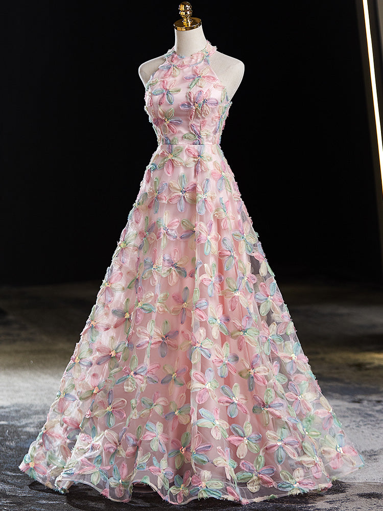 Enchanting Pastel Floral Halter Neck A-Line Evening Gown - Harmony Gallery