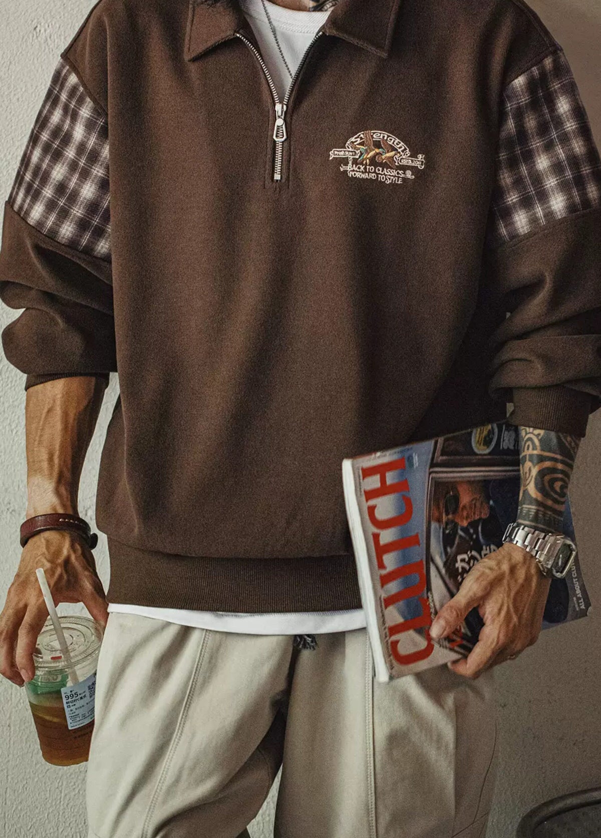 American Patchwork Embroidery Half-Open Zipper Hoodless Men's Sweater - Harmony Gallery