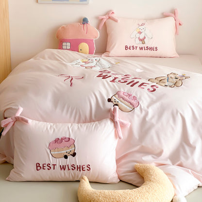 Cartoon Circus Bear Embroidery Pure Cotton Long Staple Four-Piece Bed Set - Harmony Gallery