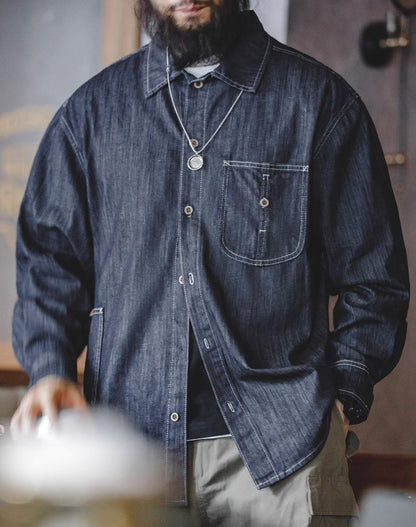 American Retro Washed Denim Big Pocket Loose Men's Shirt - Harmony Gallery