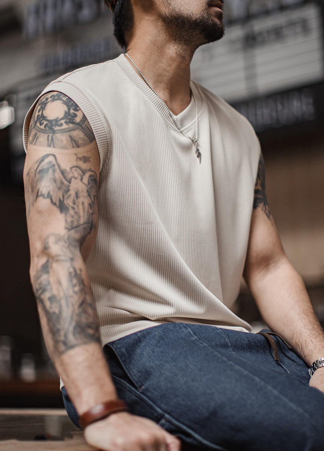 American Retro Striped Workwear Fitness Vest Base Layer Men's T-Shirt