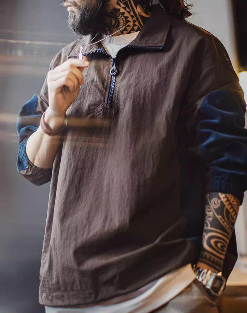 American Retro Stitching Half-Zipper Contrast Color Corduroy Pleated Men's Sweater - Harmony Gallery