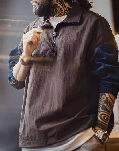 American Retro Stitching Half-Zipper Contrast Color Corduroy Pleated Men's Sweater - Harmony Gallery