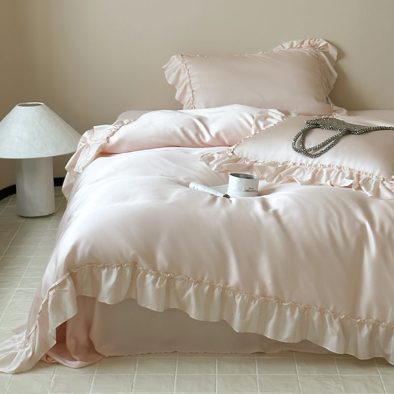 French Lotus Leaf Lace Four-Piece Ice Silky Nude Sleeping Bed Set - Harmony Gallery