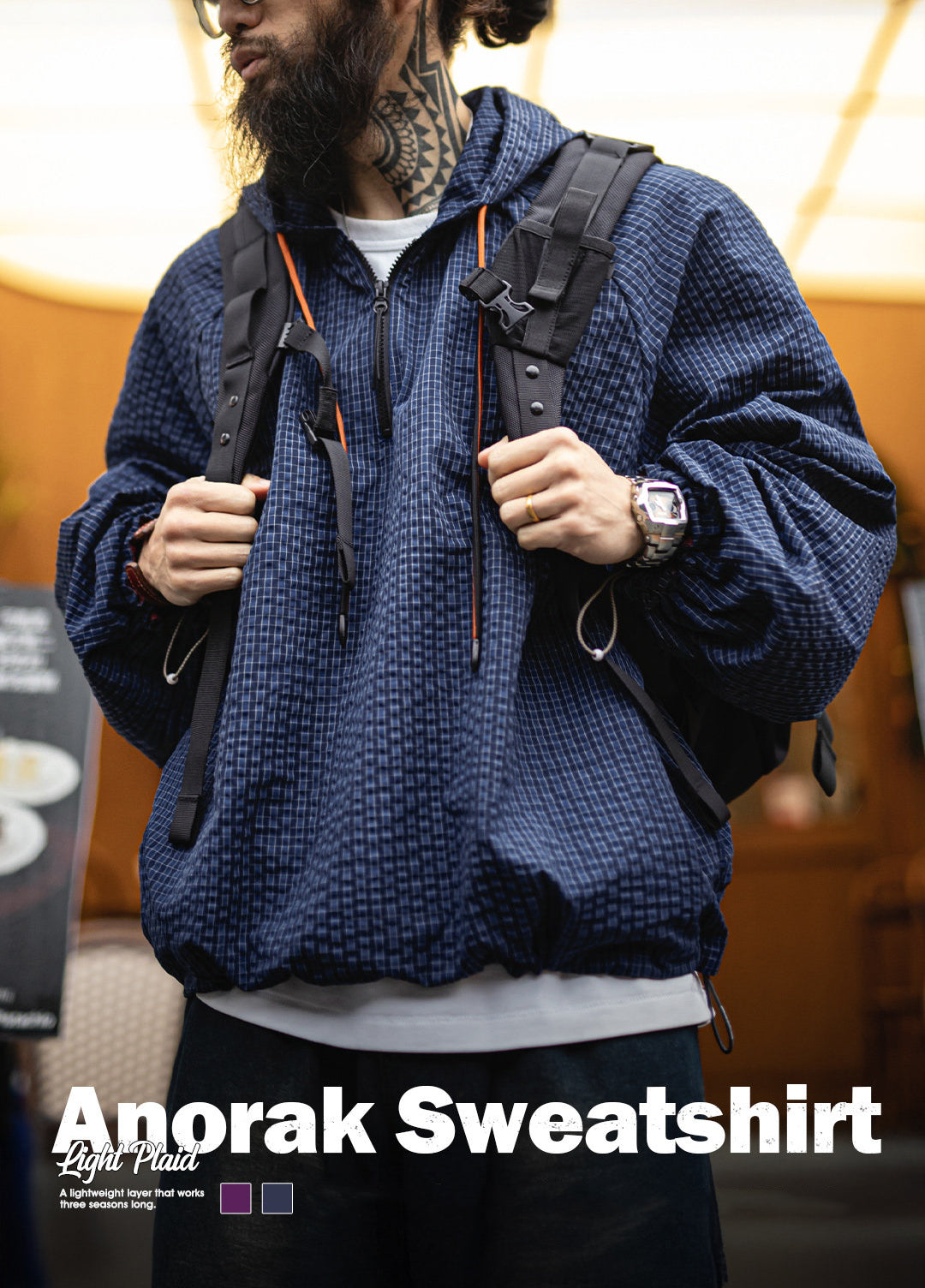 American Retro Half-Zip Hooded With Textured Lightweight Men's Sweater - Harmony Gallery