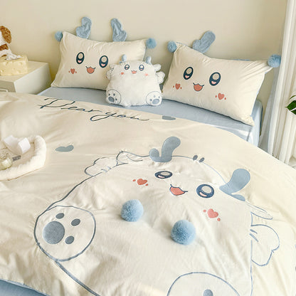 Cartoon Cute Little Fat Dragon Pure Cotton Washed Four-Piece Bed Set - Harmony Gallery