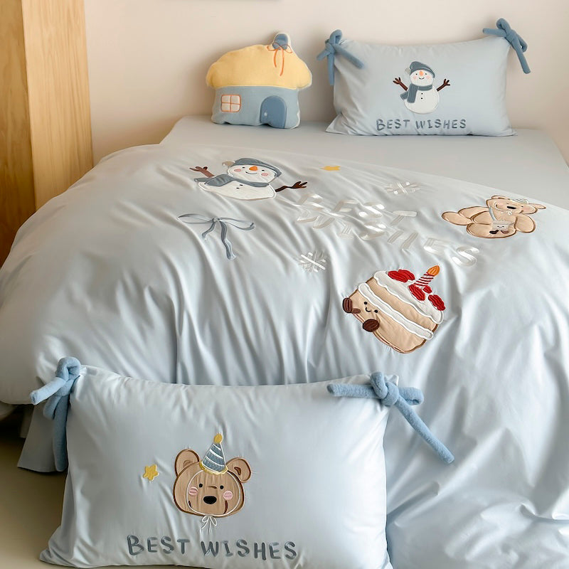 Cartoon Circus Bear Embroidery Pure Cotton Long Staple Four-Piece Bed Set - Harmony Gallery