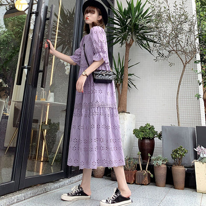 French Lavender Purple Sweet Puff Loose Women's Dress - Harmony Gallery