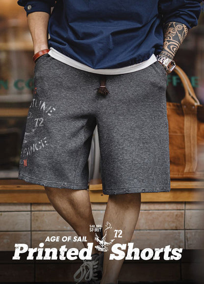 American Retro Nautical Print Cotton Loose Heavy Men's Shorts - Harmony Gallery