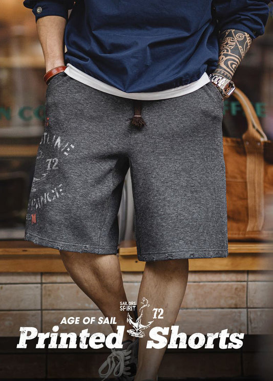 American Retro Nautical Print Cotton Loose Heavy Men's Shorts - Harmony Gallery