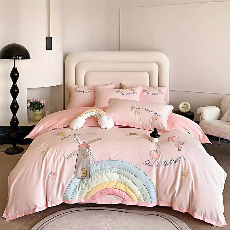 Cute Girly Heart Rainbow Pure Cotton Washed Four-Piece Bed Set - Harmony Gallery