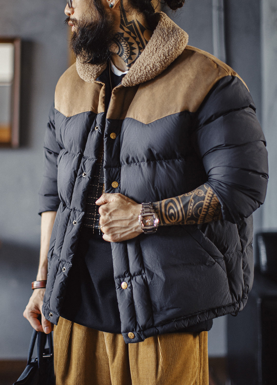 American Retro Color Block Fleece Collar Keep Warm Leisure Men's Jacket - Harmony Gallery