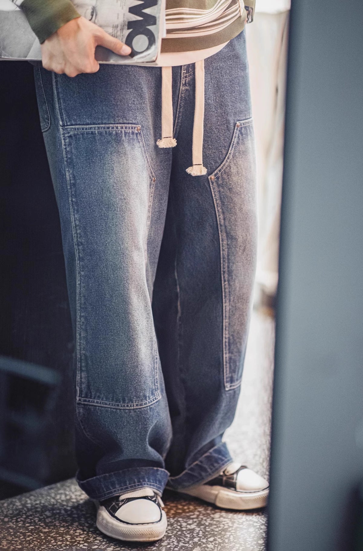 American Retro Double Knee Logging Washed And Distressed Wide-Leg Men's Jeans - Harmony Gallery