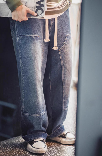 American Retro Double Knee Logging Washed And Distressed Wide-Leg Men's Jeans - Harmony Gallery