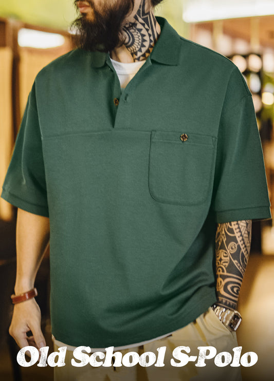 American Retro Mountain Green Polo Heavy Loose College Half Sleeve Men's T-Shirt - Harmony Gallery