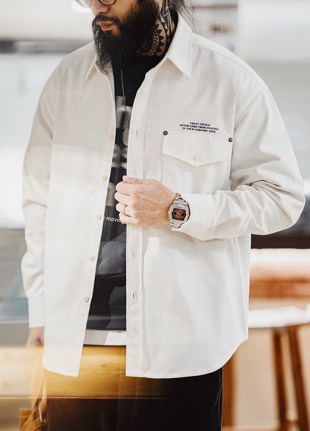 American Casual Herringbone Pattern Printed Layered Woven Men's Shirt - Harmony Gallery